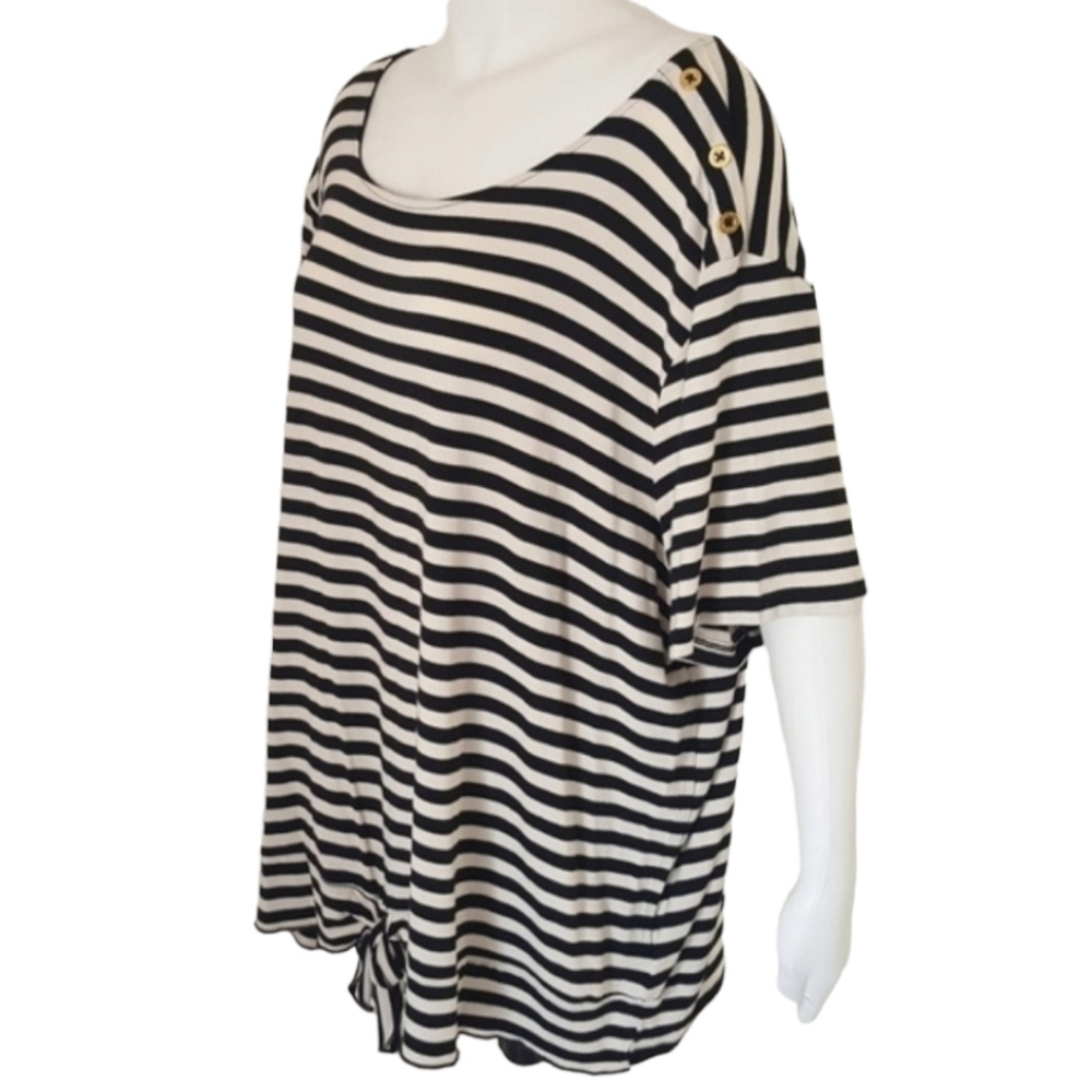 ELLEN TRACY Black White Striped Tee Plus Size 2X Tie Front Scoop Neck Top - Picture 5 of 10